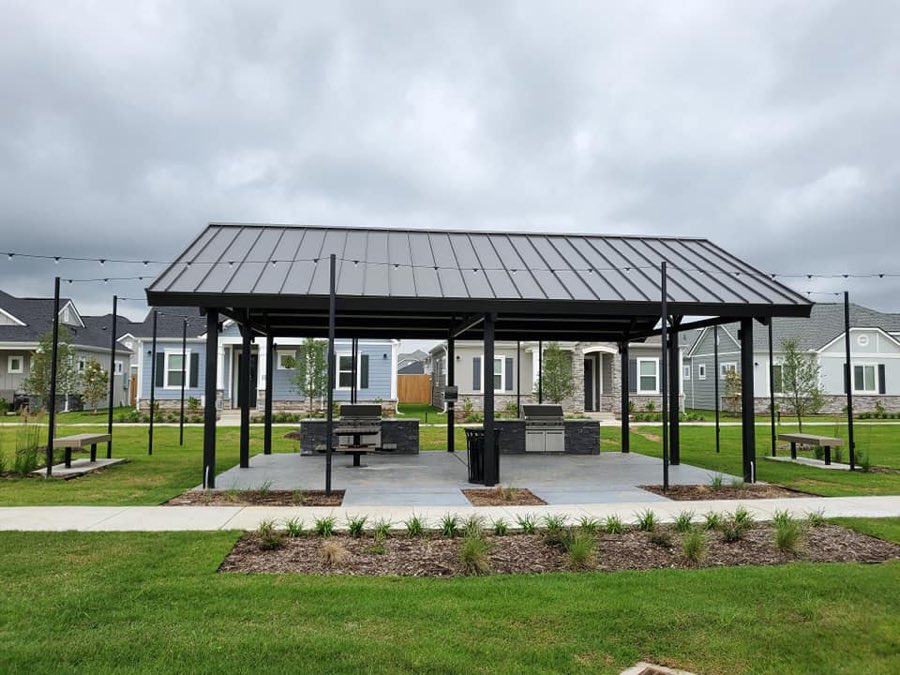 Community pavilion with a standing seam metal roof